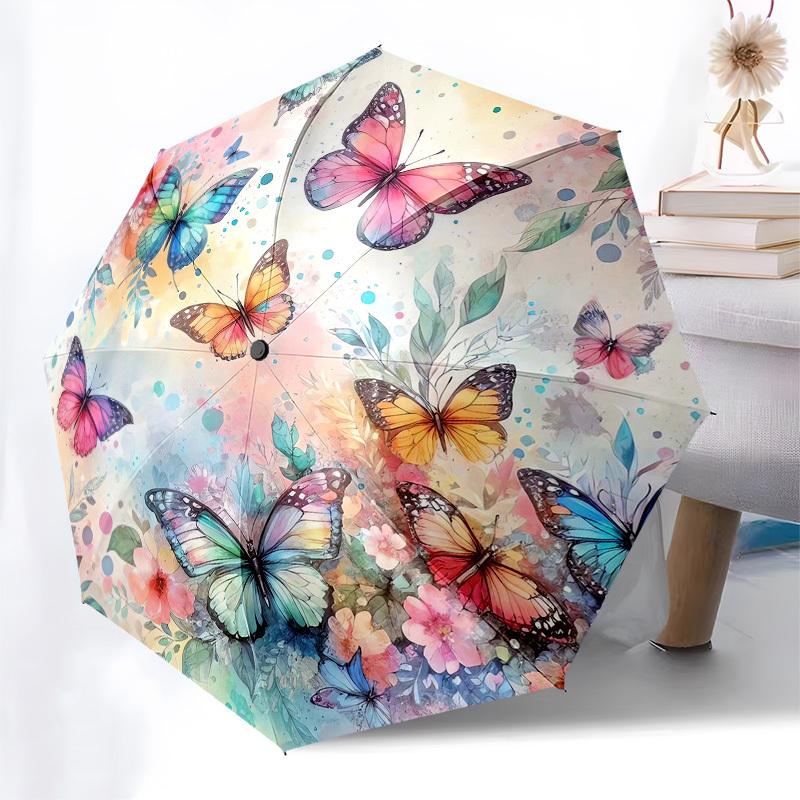 1pc Colorful Butterflies Watercolor Floral Umbrella with Plastic Handle,Vibrant Cartoon Pattern,Multi-functional UmbrellaB1977