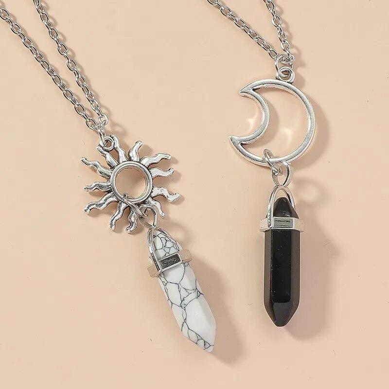 2Pcs Couples New European and American Retro Sun Moon Natural Stone Hexagonal Column Crystal Couple Jewelry Necklace