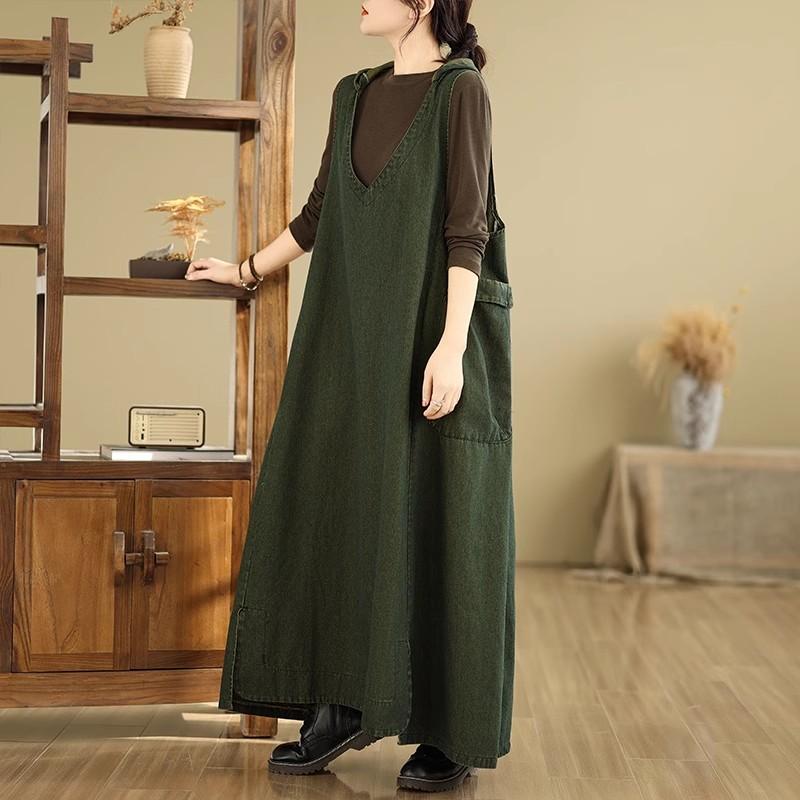 Women's Oversized Denim Vest Dress V-Neck Hooded Loose Fit Spring Summer Casual Mid-Length Dress with Pockets
