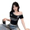 Fake two-piece slanted shoulder short-sleeved t-shirt summer American Spice Girls sexy design short unique and beautiful top