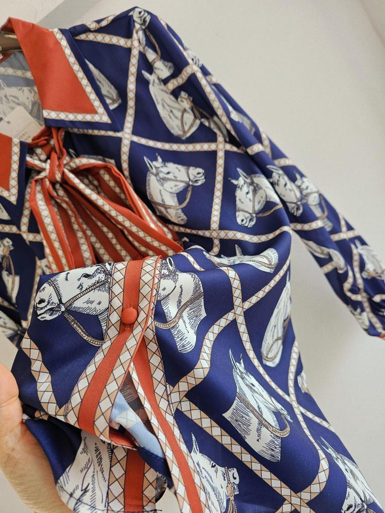 Xue Zhiqian Women's 2026 Silk Tie Shirt with Horse Head Print, Long Sleeve Lapel