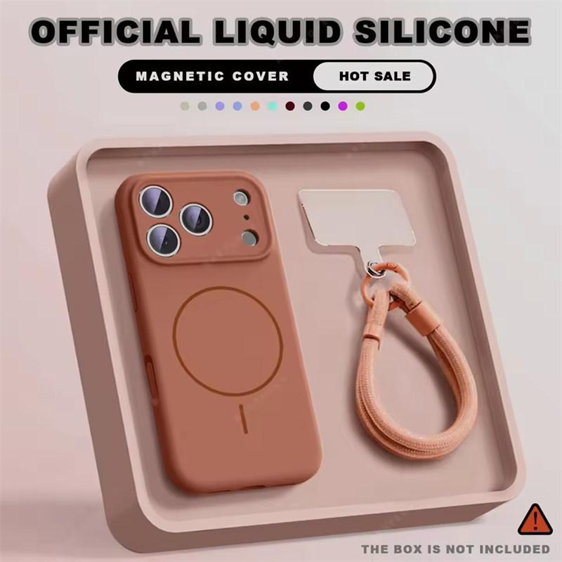 Magnetic Wrist Strap Liquid Silicone Phone Case For iPhone 12 13 16 17 Pro Max Air 15 14 16 Plus 16E Magsafe Lanyard Cover