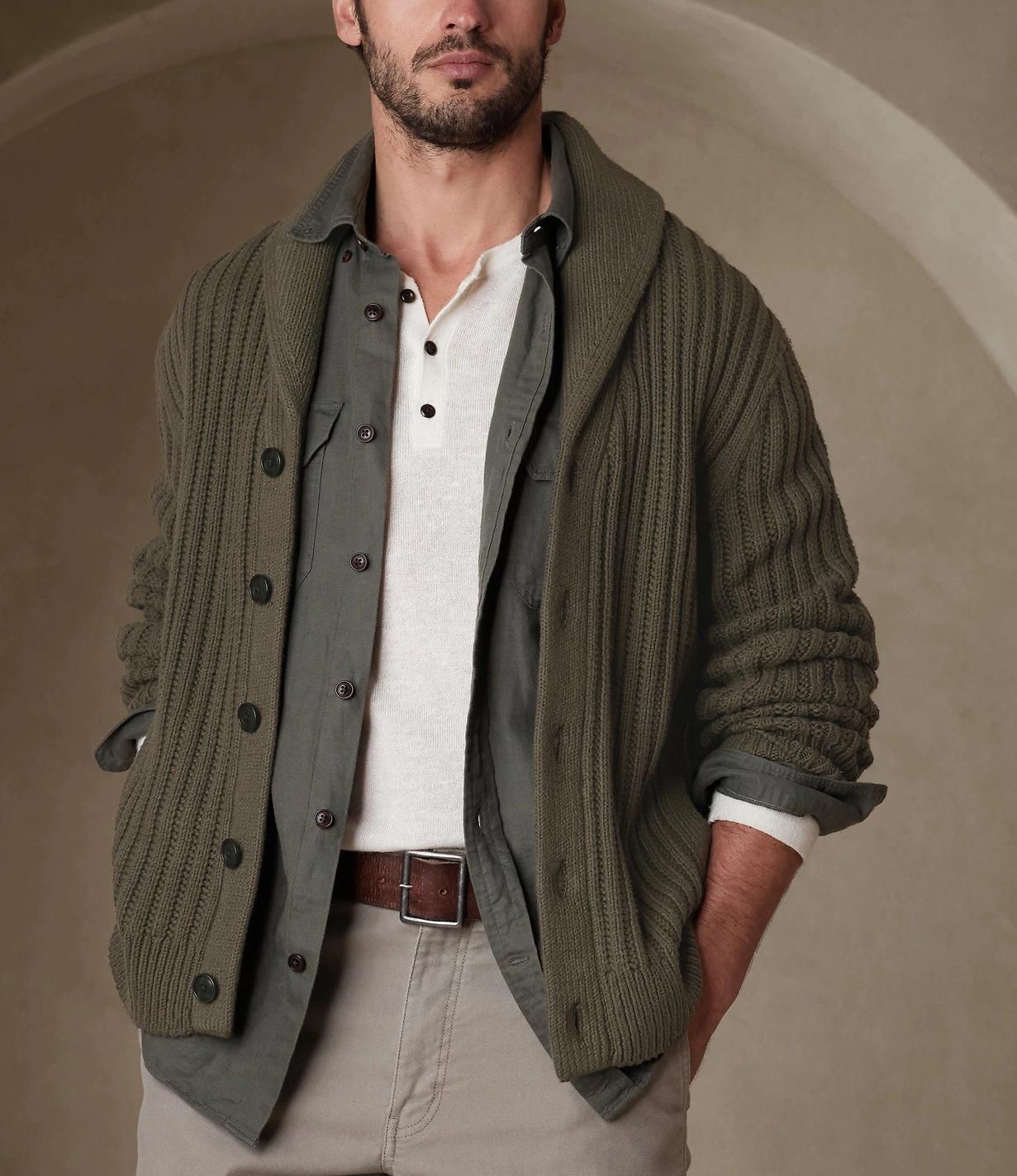 Осенне-зимний вязаный кардиган-пальто цвета хаки с лацканами и длинным рукавом XXL