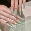 Plumeria Wearable Nails (10 Pcs) - Mint Green Gradient Carved Design for Spring/Summer Manicure.