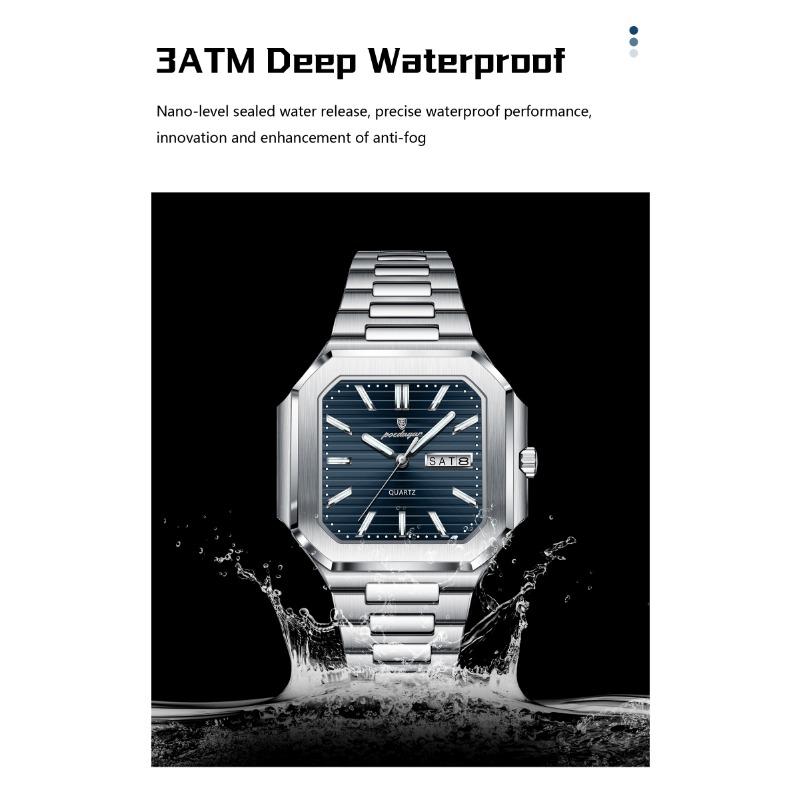 POEDAGAR Luxury Square Fashion Man Wristwatch Waterproof Luminous Date Week Quartz Watches Stainless Steel Watch