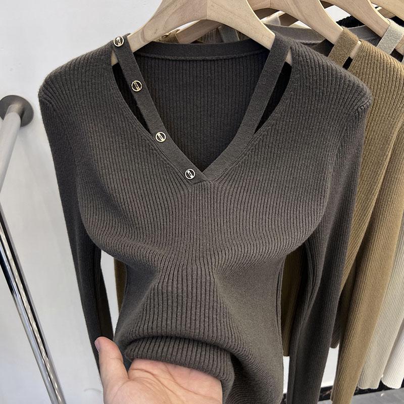 

Женские свитера, пуловеры 2025 Осень-Зима Длинный рукав V-образный вырез Черный вязаный свитер Женские топы, пуловер JJ95 One Size кофейный