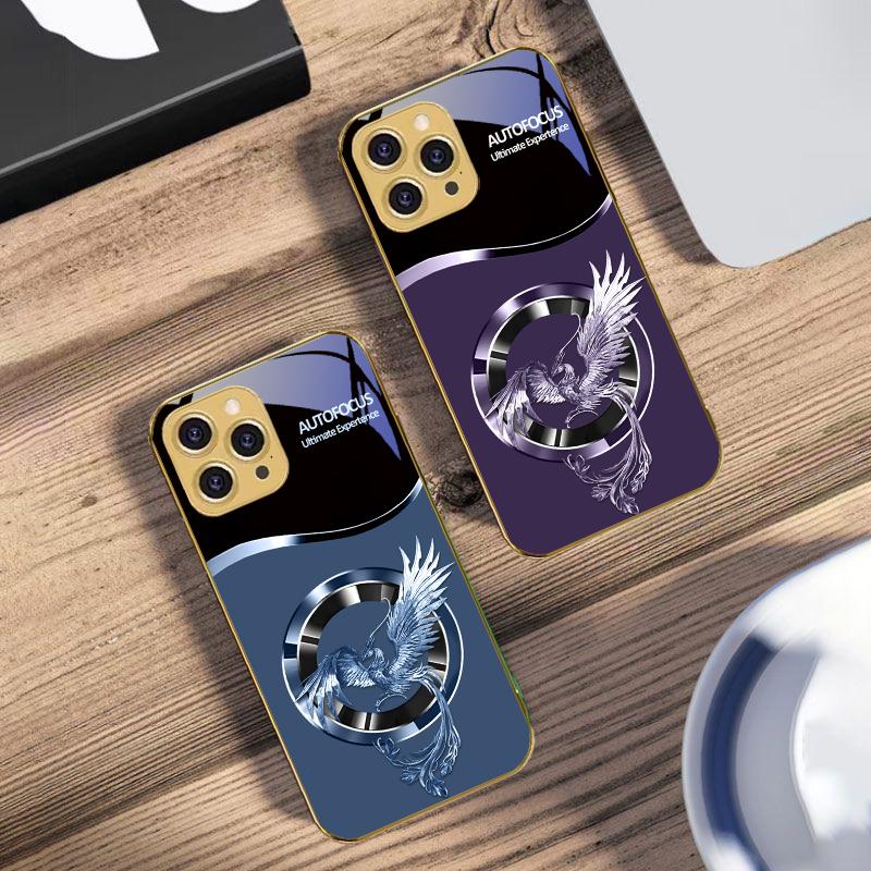 Schöner Pinker Phönix Für IPhone 16 16Pro Max 15 P ro 14 13 Plus 12 Mini 11Pro Max XS Max XR Goldene gehärtete Glas Handyhülle