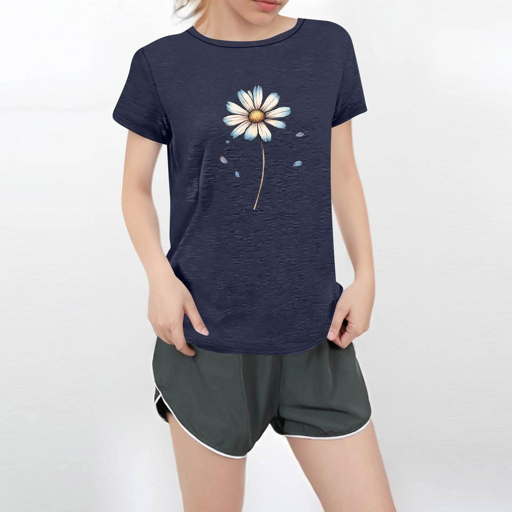 Camiseta feminina casual estampada de manga curta com decote redondo