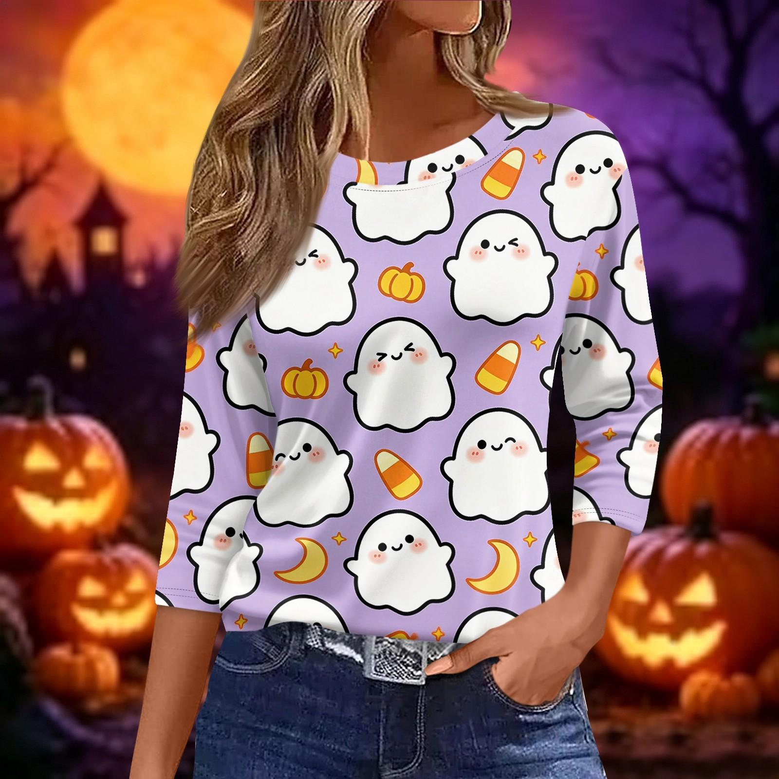 Women s 3/4 Sleeve Neck Loose Fit Casual Halloween Print T-Shirt XXL