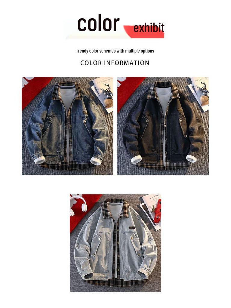 Pánská trendy kostkovaná patchworková džínová bunda 2025 - Falešný dvoudílný vlněný kabát na jaro a podzim