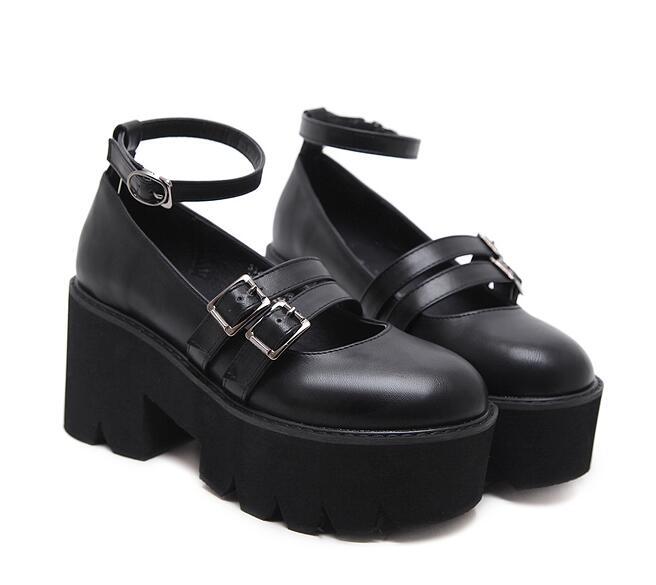 Womens Pump Gothic Shoes Ankle Strap High Chunky Heels Platform Punk Creepers Shoes Female Fashion Buckle Comfortablede39