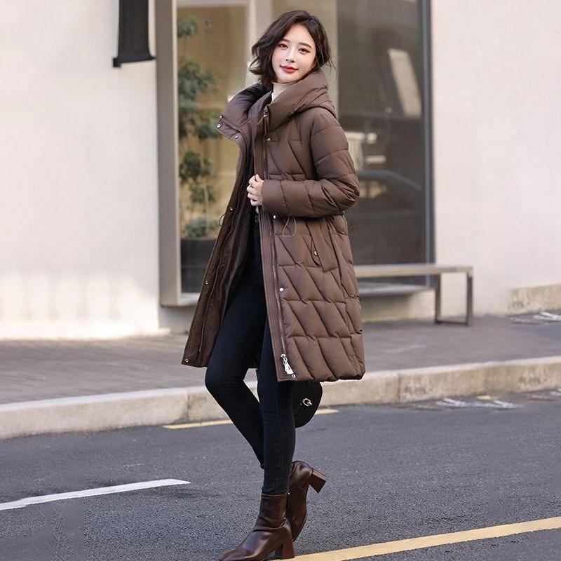 Women’s Winter High End Elegant Thickened Mid Length Padded Down Coat Waist Cinched Hooded Warm Fashion Outerwear