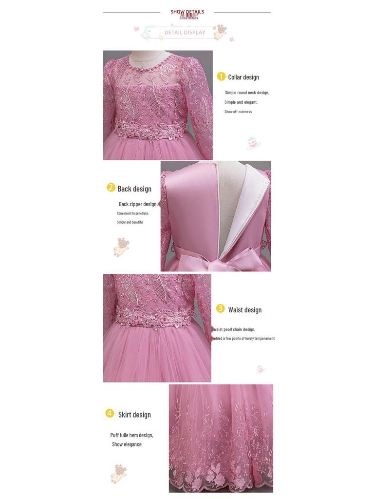 Long Sleeve Lace Princess Dress for Girls - Evening and Performance Wear