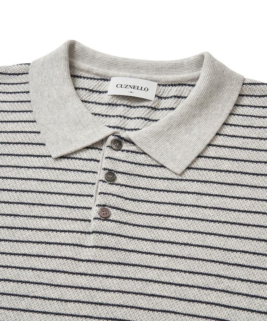 CUZNELLO Cool Cotton Striped Polo Short Sleeve Knit_Oatmeal