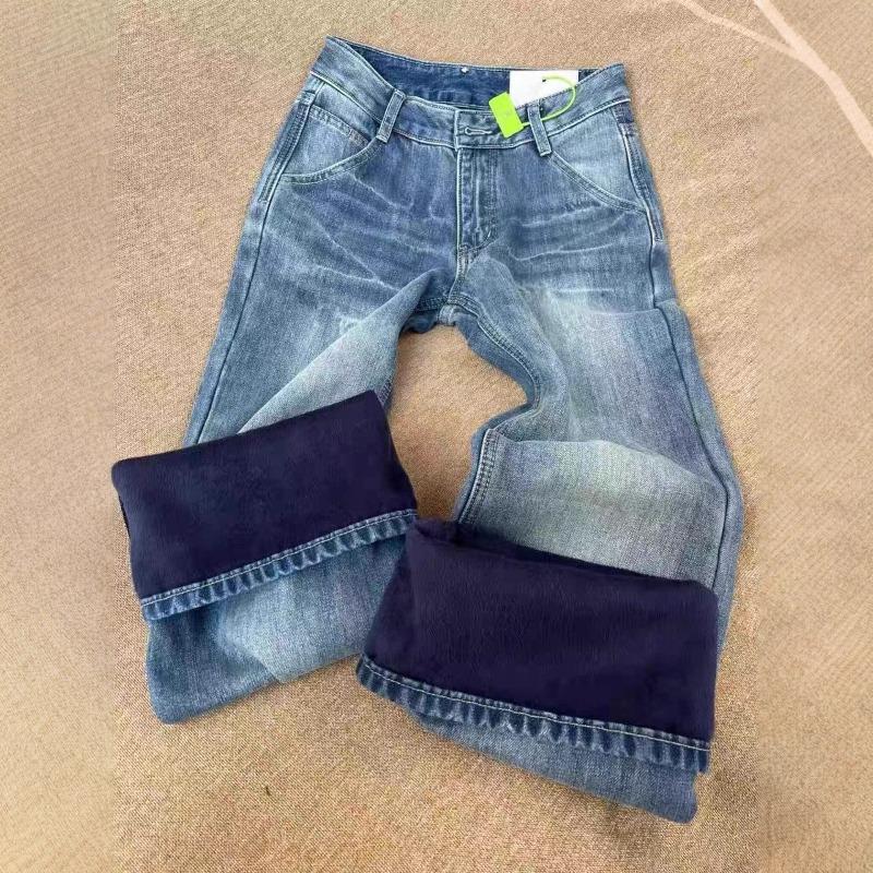 Retro non-stick leg slightly pulled jeans women's autumn and winter fleece thickened m thin flared wide-leg pants