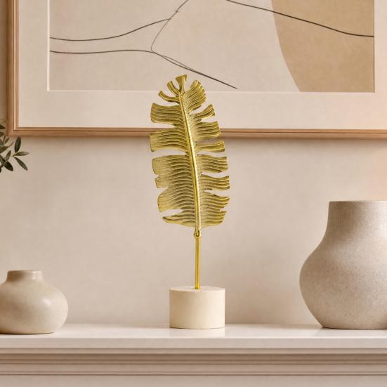 Stable Base Feather Decor Gold Leaf/Feather Ornaments with Weighted Round Base, Metal 3D Elegant Accent Desktop for Home Office Gift And Display