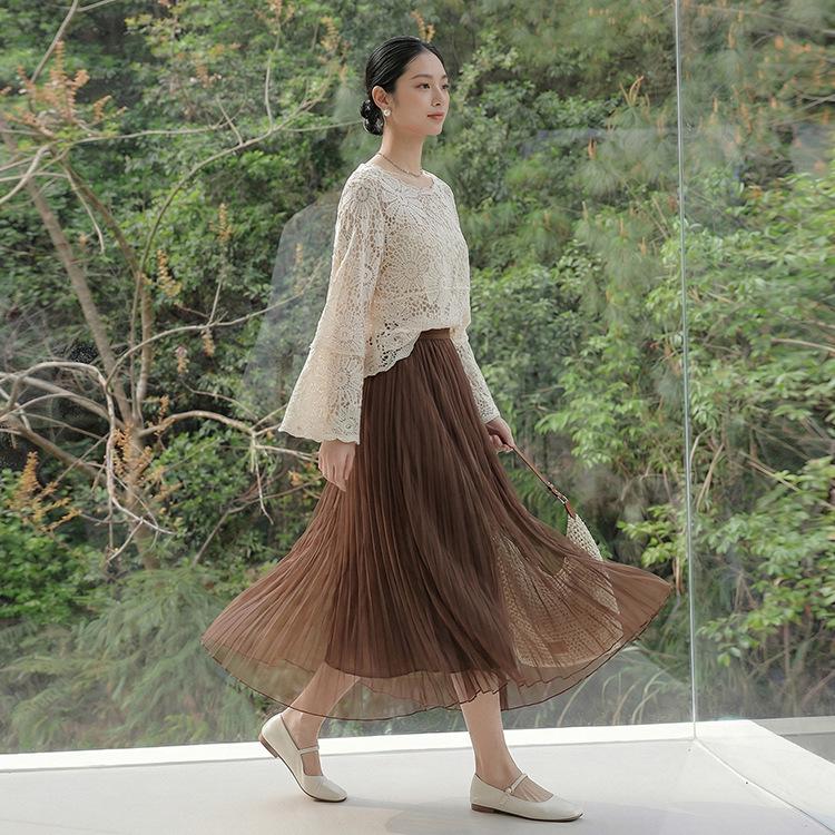 Feiyuan Women's Versatile Pleated Mesh Midi Skirt - Early Spring, Breathable, Large Hem, Commuter Style.