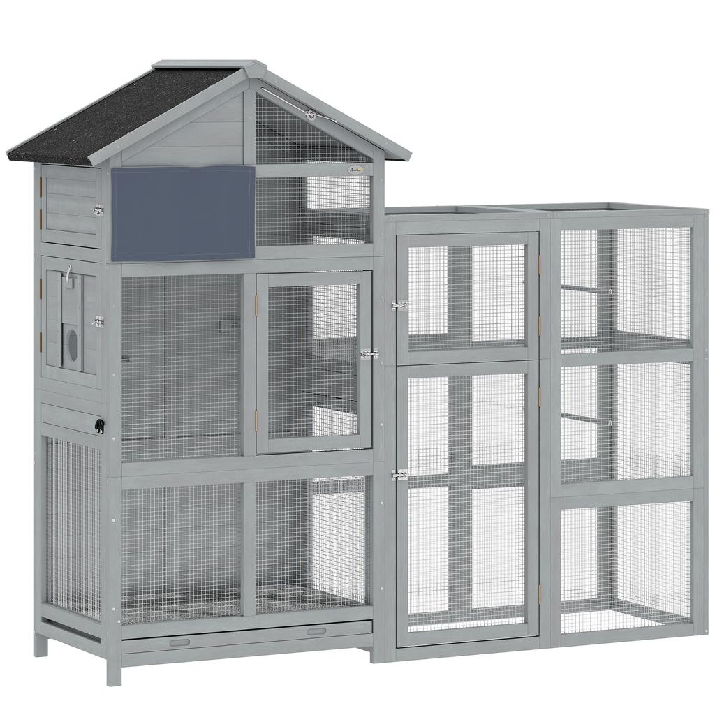Aviary Bird Aviary made of Wood with 6 Perches Storage Compartment Pull-Out Drawer Stainless Steel Bowls 196x60x164.5cm Grey