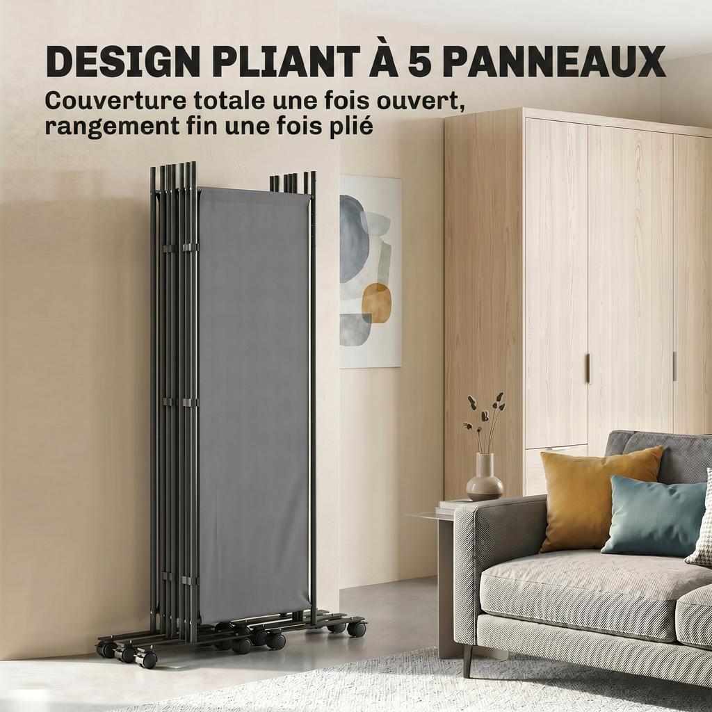 Folding Room Divider, 5-Panel, 12 Casters, 252 X 170 Cm, Steel and Polyester, Dark Grey