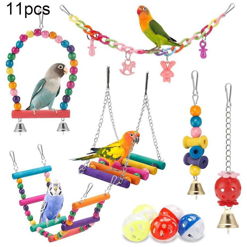 Papegaai Speelgoed Set 11 STUKS, Vogelkooi Accessoires Schommel Kauwspeeltjes voor Parkieten, Valkparkieten, Kaketoes, Interactief Speelgoed voor Vogels