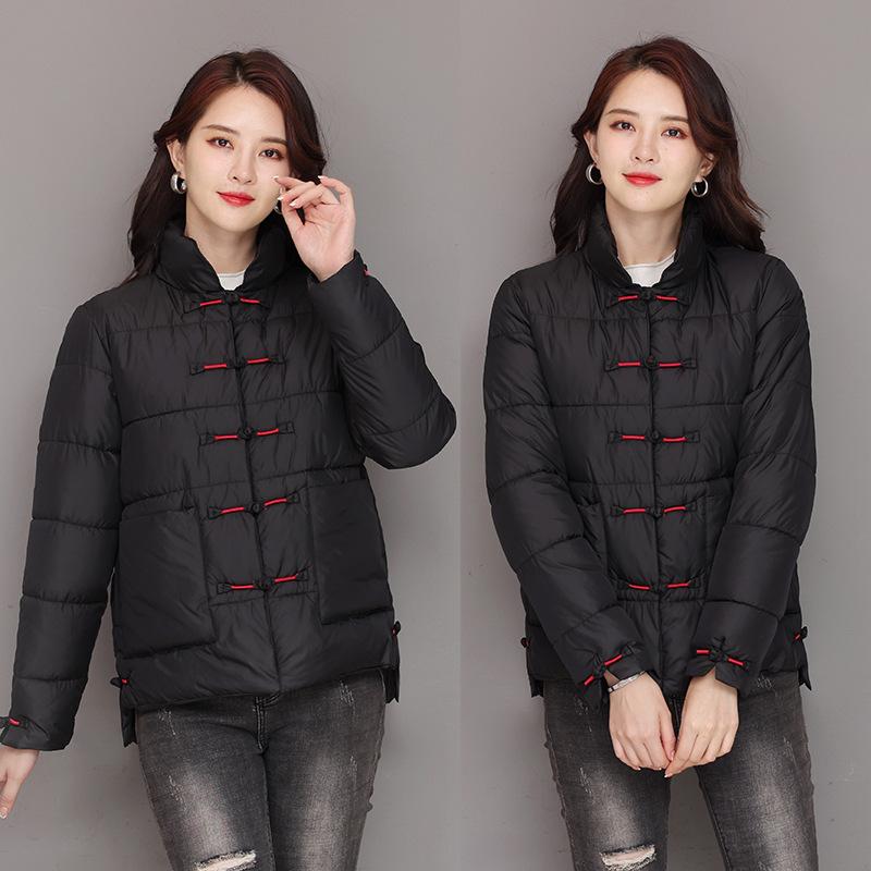Retro literary stand-up collar buckle light thin down cotton jacket plus size women's loose thickened short cotton jacket