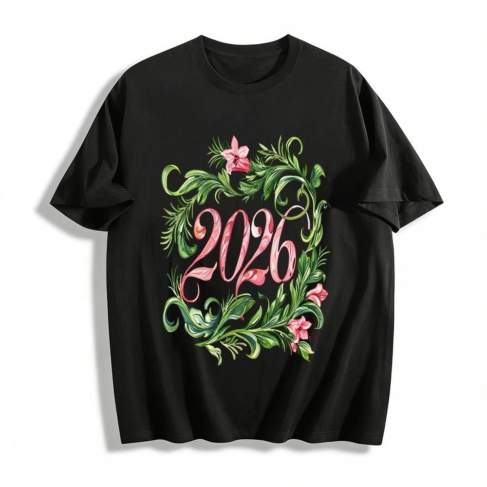 

2026 Floral Art Print New Year Vibe Casual Long Sleeve Top Pure cotton T-shirt XXS