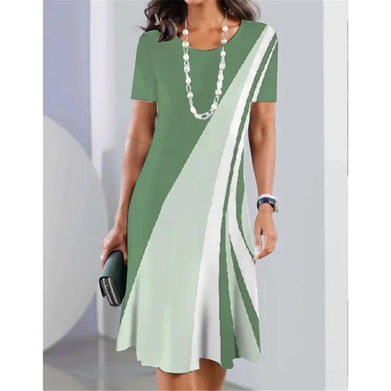 Street Casual Summer Women Dress Plus Size Stripe Splicing Print Short Sleeve Loose A-Line Dress