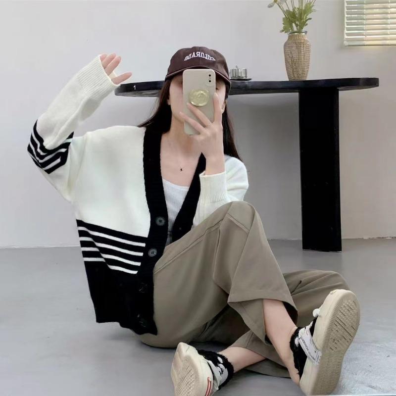 Autumn and Winter Lazy Wind Loose Sweater Cardigan Women's New Striped V-neck Knitted Jacket Versatile Casual Top