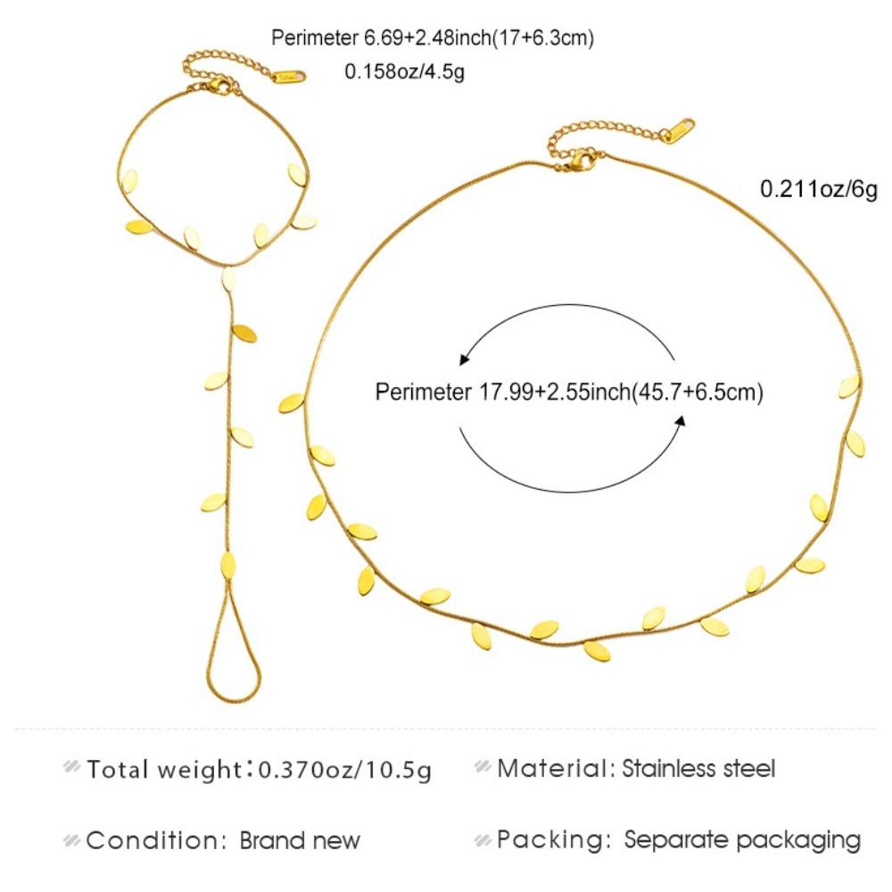 Simple Personality Gold Color Glossy Leaf Tassel Necklace Link Finger Chain Bracelet Set for Women Stainless Steel Jewelry Sets