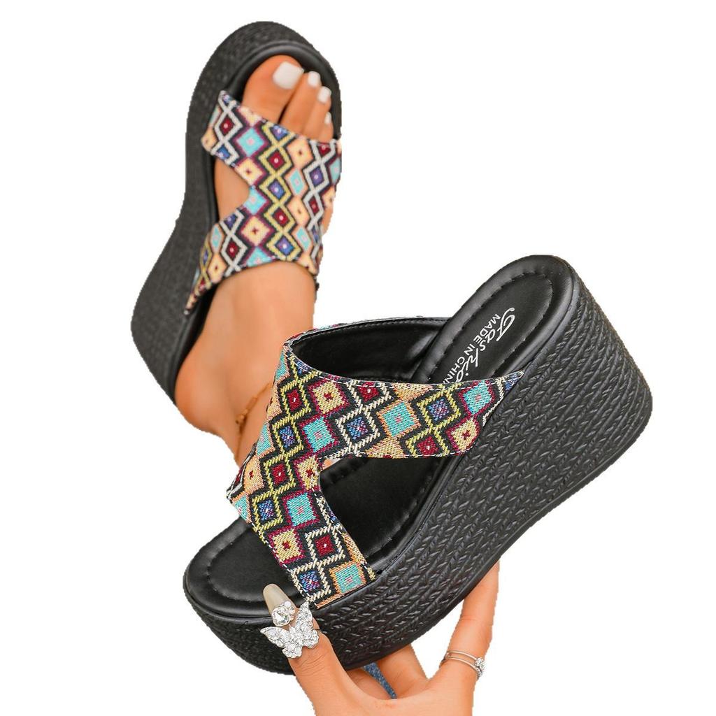 Fashion 2025 Quality Women Shoes Summer Women's Slippers Fashion Open Toe Platform Wedge Slippers Ethnic Mixed Color Increase Shoes Lady