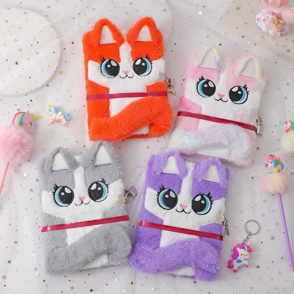 Cute Cat Plush Notebook with Lock 4 Colors Soft Furry Journal Diary, Secret Password Book for Girls Kids School Stationery Gifts