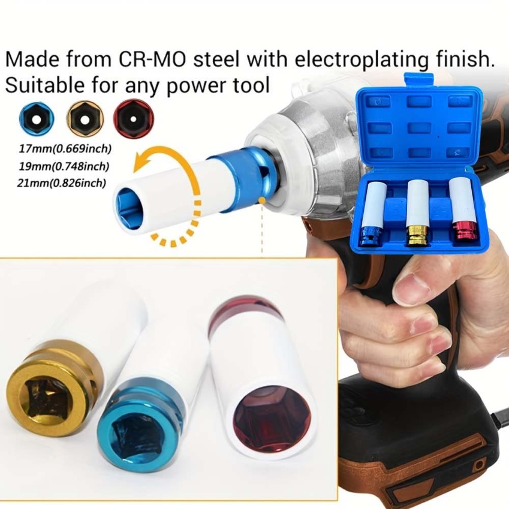 3-piece 1/2-inch Drive Impact Sleeve Set, Thin-walled Hub Nut Sleeve, Metal Deep Sleeve Set for Tire Protection