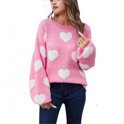Heart Jacquard Round Neck Pullover Sweater - Autumn/Winter, European/American Loose Fit, Valentine's Day Knitwear