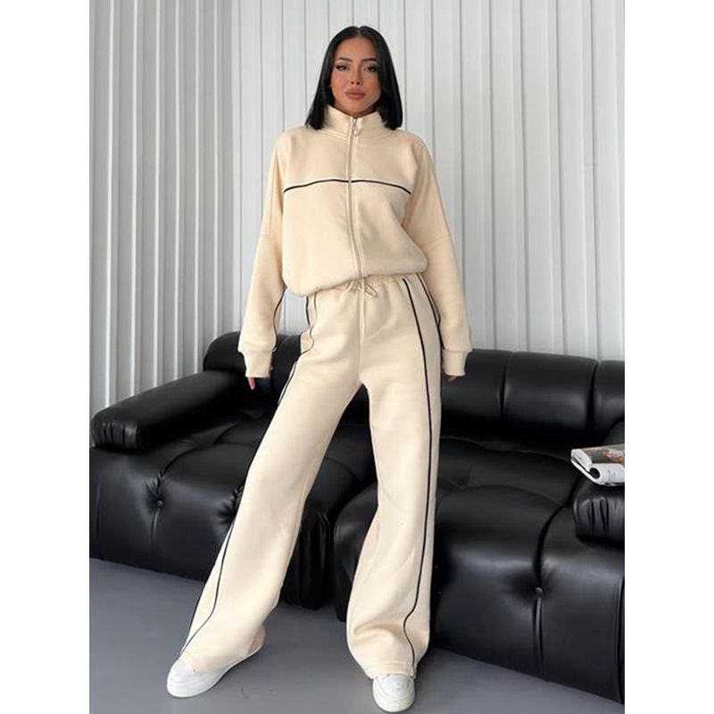 2024 New Cross-Border European and American Amazon Casual Suit Long Sleeves Half Collar Cardigan Sweatshirt Shoelace Stripes Pants Set