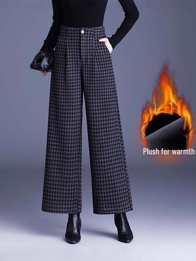 Flannel-Lined Wide-Leg Plaid Pants for Women - Autumn Winter 2025, High-Waisted, Slimming, Casual Fit L