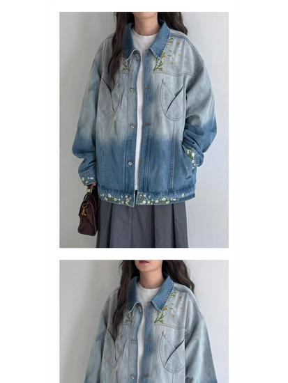 Unisex Retro Floral Embroidered Gradient Denim Jacket