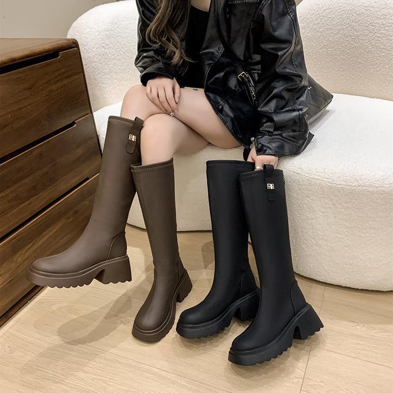 Tall thin boots British style women's boots 2025 new round head rear zipper but knee middle heel boots women