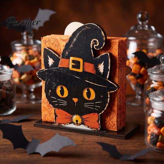 Wooden Roll Paper Stand Halloween Napkin Holder, Spooky Rustic Holder Towel for Home Kitchen Bathroom Countertop Dining Table Decor
