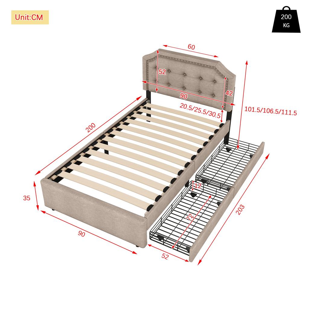 Children's Bed 90x200cm Slatted Frame Nightstand Upholstery Rivets Double Drawers Linen Adults Youth Without Mattress
