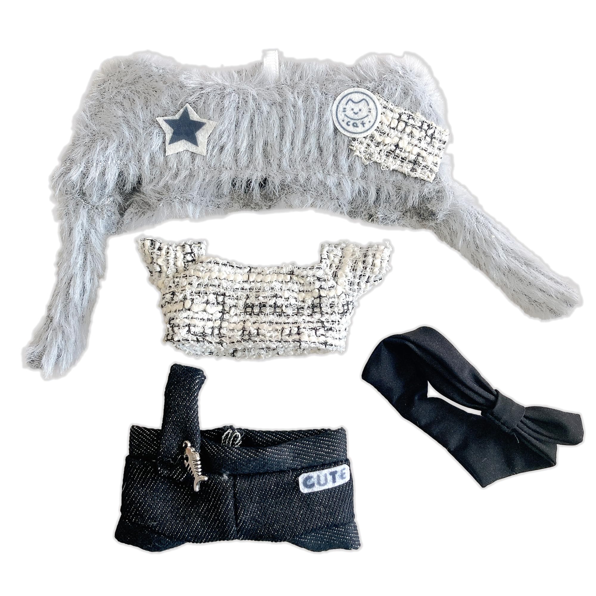 

Cat Ear Knit and Scarf Set for 10cm Plush Kigurumi Otaku Doll Kpopdoll Costume Hat, Knitwear, Overalls, Toy, Accessories, Activities, Mascot, [Used] серый