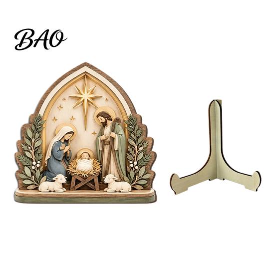 Christmas Manger Tabletop Ornaments Nativity Scene Wooden Sign, Holy Family Figurine Decor, Handcrafted Wood Figurines Religious Xmas Desktop