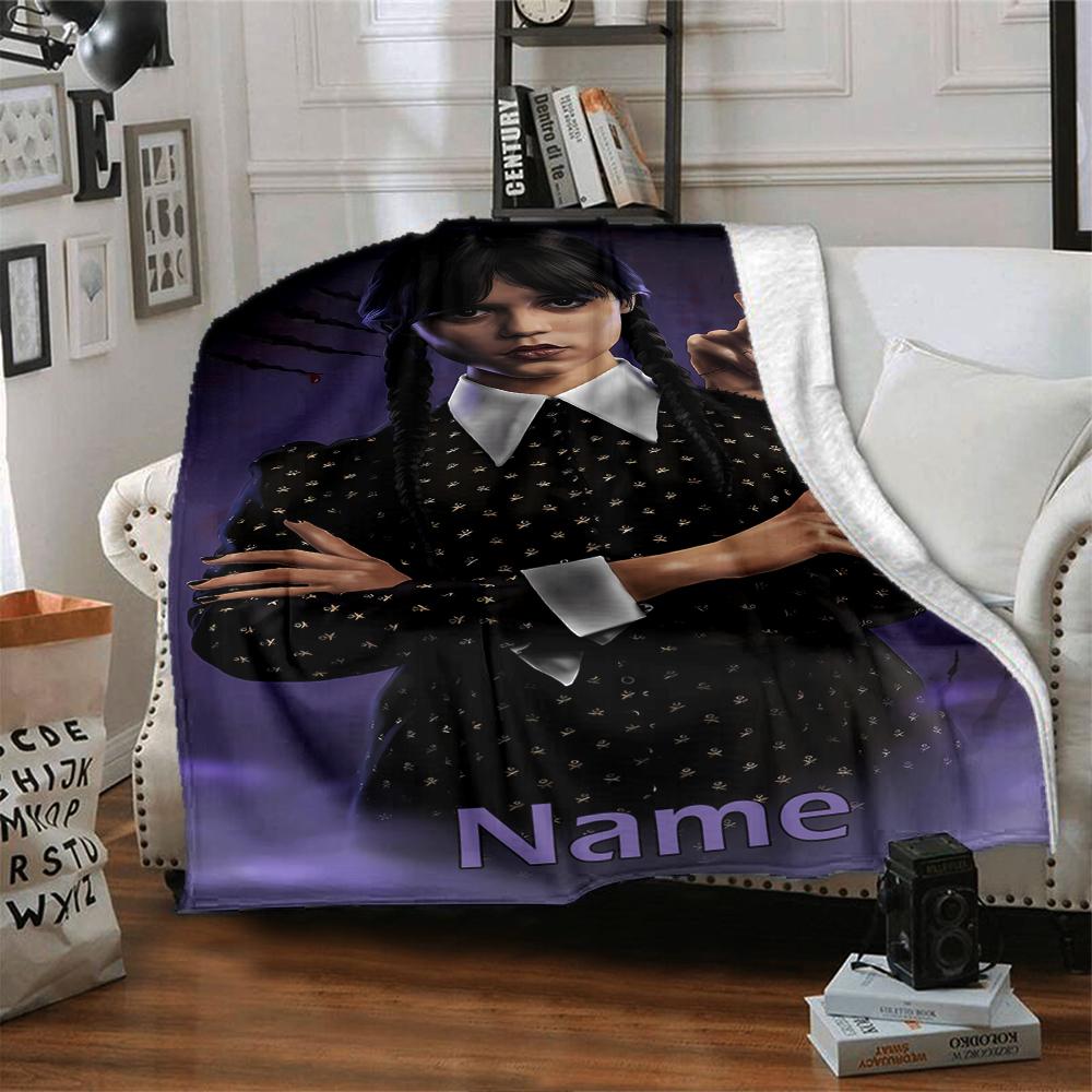 Custom Name Wednesday Theme Printed Blanket - Perfect for Couch, Bed, Travel & Outdoor Use | Machine Washable, Cozy & Durable.
