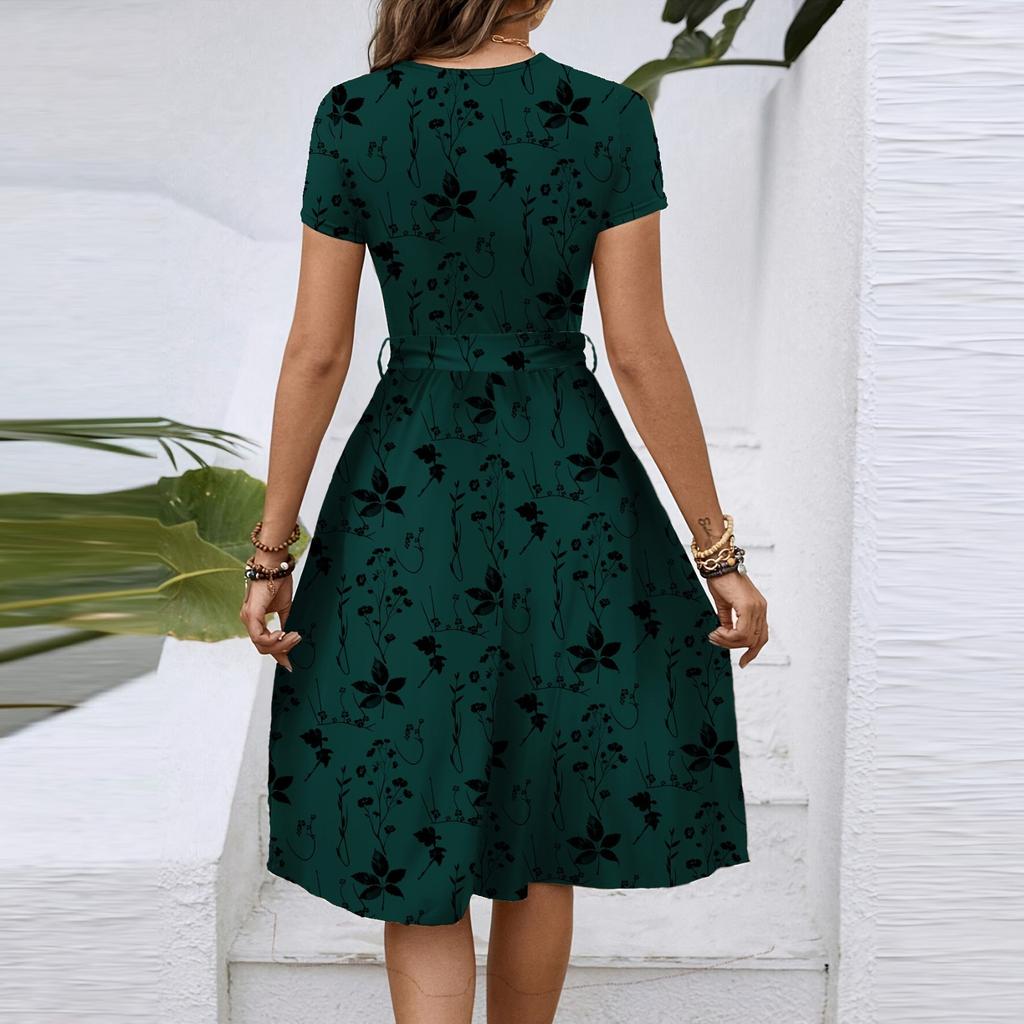 Women's Fashionable Print Round Neck Loose Short Sleeved Pocket Pullover Dress