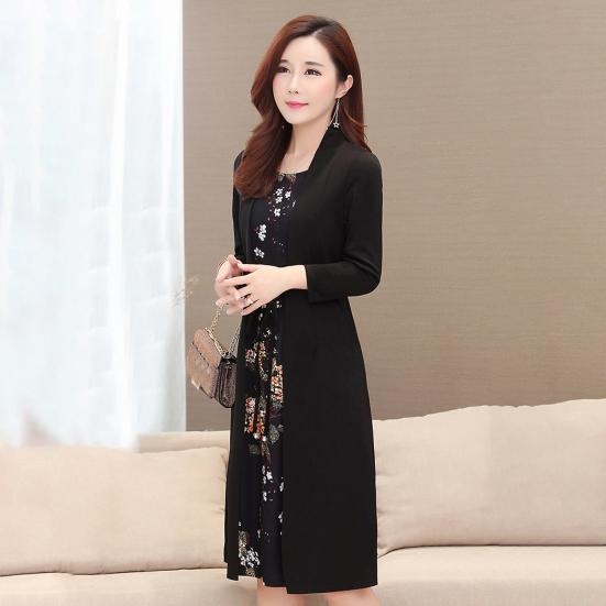 Sukienka z dekoltem O, długim rękawem, sznurowana w talii, dopasowana, elegancka, z nadrukiem w kwiaty, imitacja dwuczęściowego kardiganu, sukienka midi, odzież damska