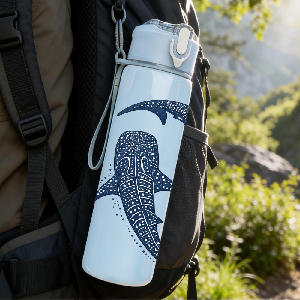 1PC Two Shark Ocean Animal Print 750ml Color Plastic Sports Water Bottle Leakproof Flip Straw Lid Suitable for Sports Office Home Use