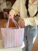 Stylish Canvas Tote Bag With Pleated Stripes Spacious Mommy Bag For Daily Use In Yellow Pink And Blue