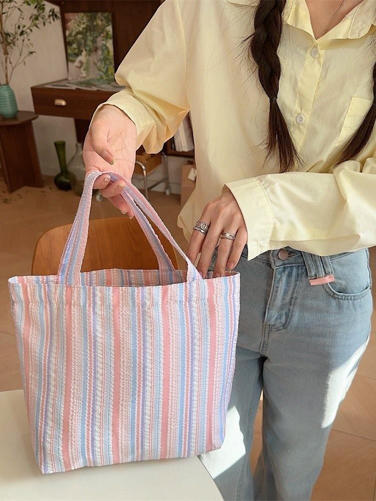 Stylish Canvas Tote Bag With Pleated Stripes Spacious Mommy Bag For Daily Use In Yellow Pink And Blue