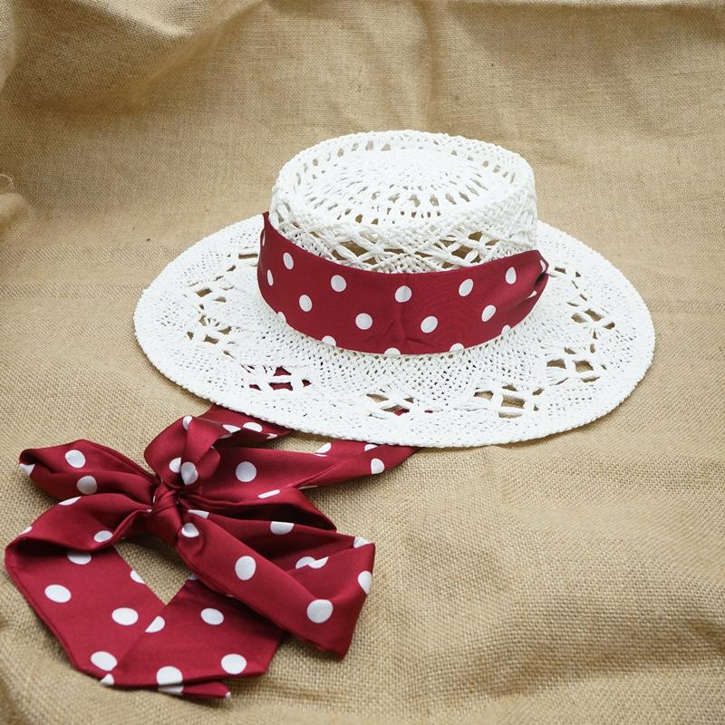 Japan Japanese French Retro Hollow Flower White Flat Top Top Hat Women'S Summer Sunshade Vacation Beach Straw Hat Outing