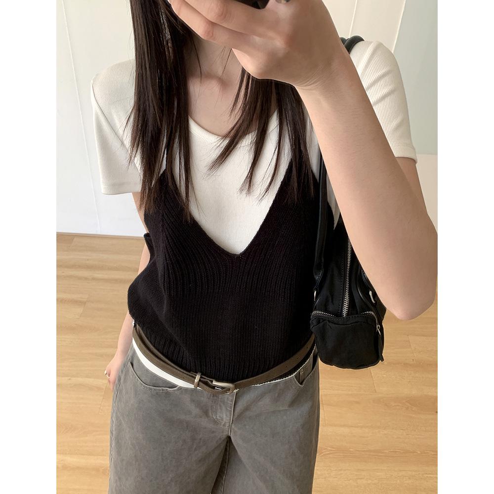 Women s Spring Classic Knit Halter Vest - Korean Style, Sleeveless, Solid Color One Size чёрный