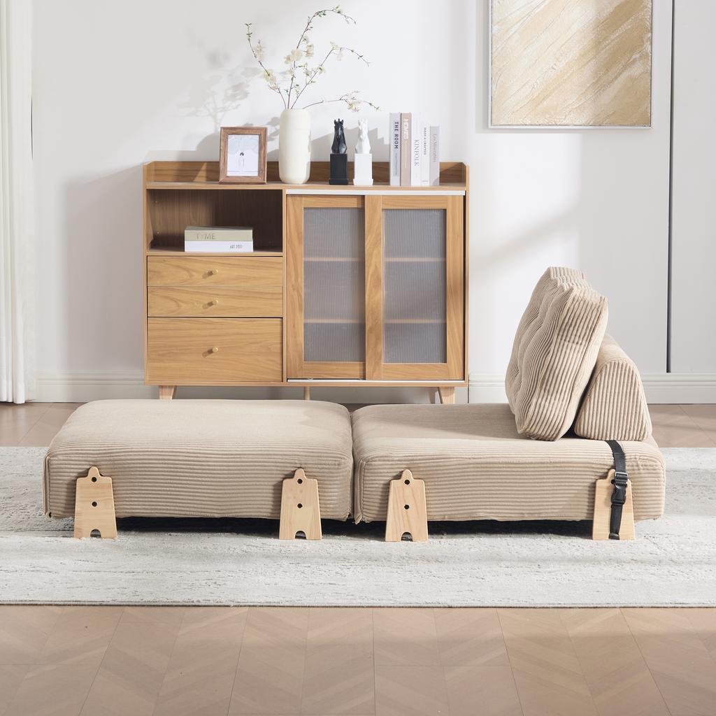 A Comfortable Armchair Made of Corduroy – a Fold-out Sofa Bed with Wooden Legs, Ideal for Small Apartments and Bedrooms (Khaki-colored Corduroy)